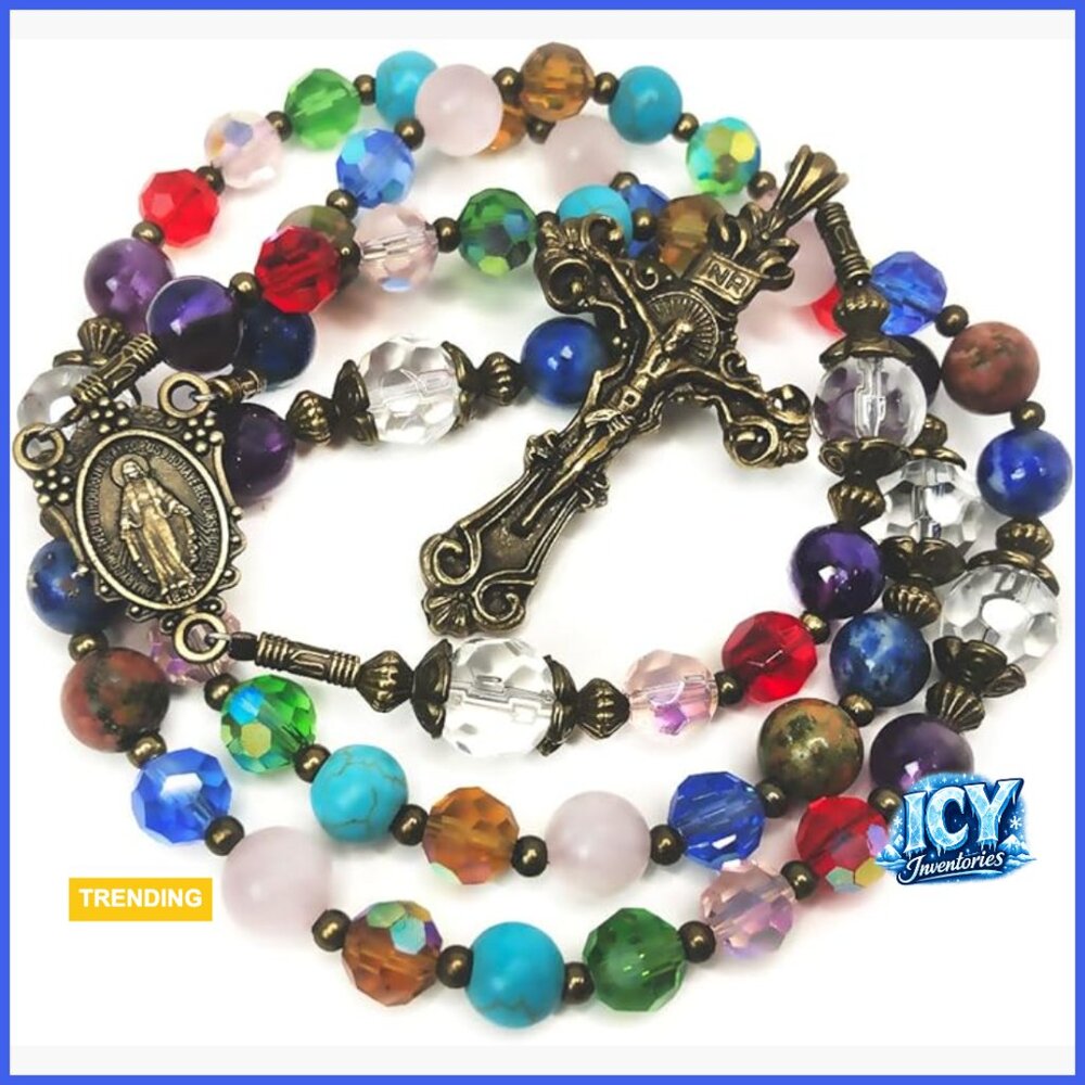 Genuine Crystal and Stone Rosary Beads with Miraculous Medal Centerpiece